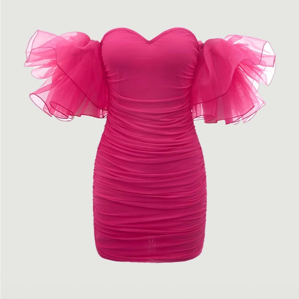 Off Shoulder
Exaggerated Ruffle Trim Ruched
Mesh Bodycon Rose Red